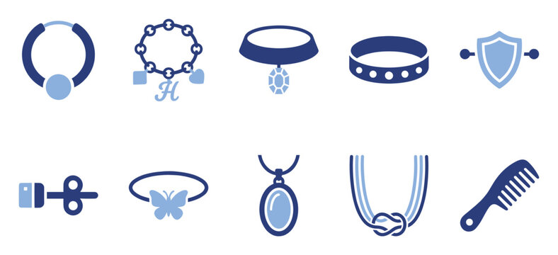 Set of jewelry accessory icons, fashion adornment symbols. Includes necklaces, bracelets, rings, earrings, pendants, charms, combs, hair clips. Modern flat graphic UI elements.