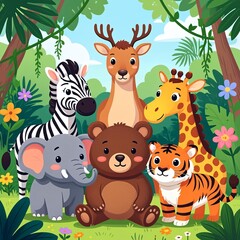 Naklejka premium Adorable cartoon jungle animals playing together in a lush green forest