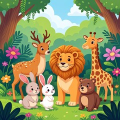 Naklejka premium Adorable cartoon wild animals, including a lion, giraffe, deer, rabbits, and bear, enjoy a friendly gathering in a vibrant jungle landscape with lush foliage and bright flowers