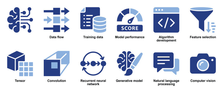 Set of artificial intelligence and machine learning icons. Data science, deep learning, neural network, AI, ML technology. Data processing, algorithm development, model performance, computer vision.