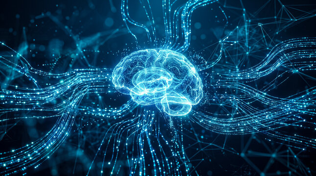 Glowing digital artificial intelligence brain with fiber optic neural network connections on a dark futuristic background
