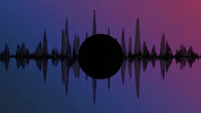 A dark circular shape sits centered over a vibrant digital audio waveform display