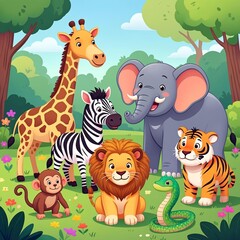 Naklejka premium A delightful illustration of various wild animals gathered together in a lush green forest clearing