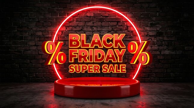 Black friday super sale sign with red neon circle and percentage symbols on a dark brick wall and concrete floor