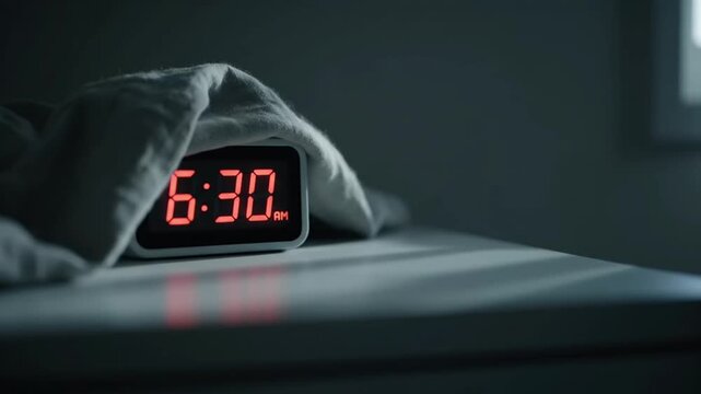 Digital alarm clock displaying 6 -30 AM on a bedside table in a dark room.