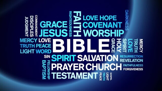 Bible animated word cloud-text design animation tag kinetic typography seamless loop.