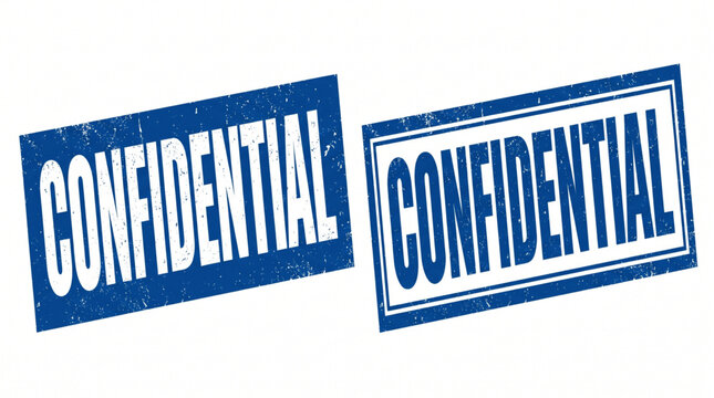 Two blue rubber stamp imprints with the word CONFIDENTIAL. Grunge textured ink style. Secret document stamps for private and classified data files.