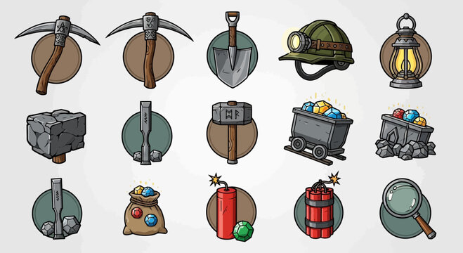 Mining Tools and Equipment Icons - Pickaxe, Shovel, Helmet, Lantern, Dynamite