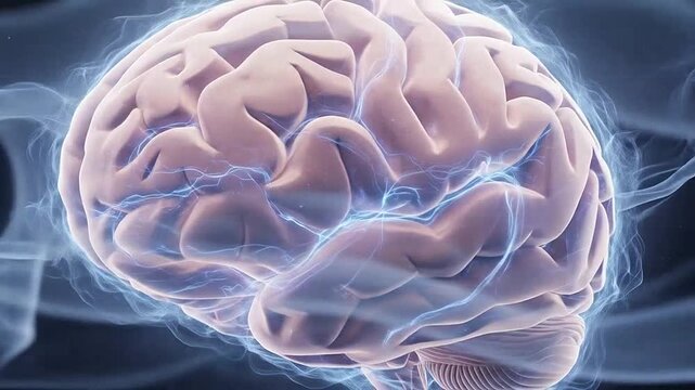 A glowing human brain floating in a dark space with ethereal energy waves surrounding it