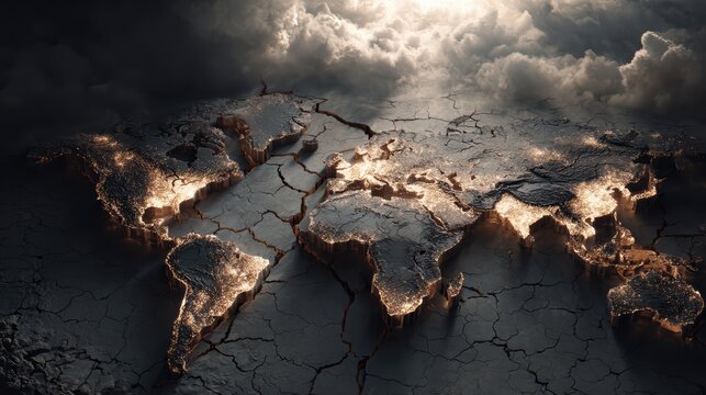 Global world map cracked like dry earth with glowing fault lines and fading national borders. Geopolitical risk and widespread instability affecting economy security and international relations.