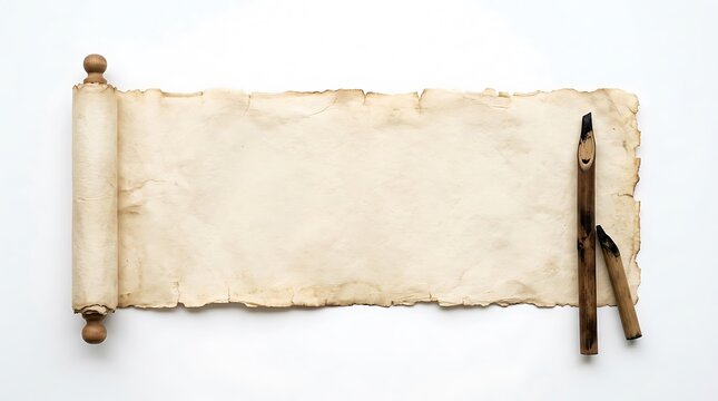 Blank Ancient Scroll and Calligraphy Reed Pens on White Background