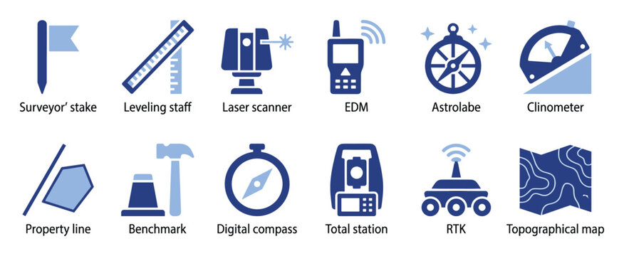 Set of surveying icons. Land measurement tools, geographic equipment symbols, navigation instruments, property mapping, geodesy technology.