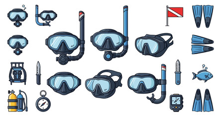 Scuba Diving Equipment Set: Masks, Snorkels, Fins, Tank, Knife, Compass, Dive Flag © aldi