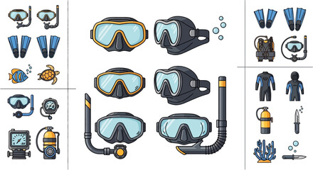 Scuba Diving Gear and Equipment Vector Set - Snorkel, Mask, Fins, Suit © aldi