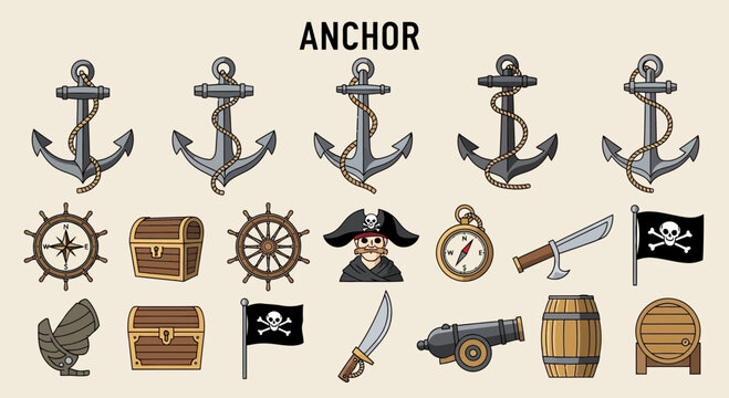 Pirate Treasure Chest, Anchor, Compass, Flag, Cannon, Cutlass, Barrel, Ship Wheel