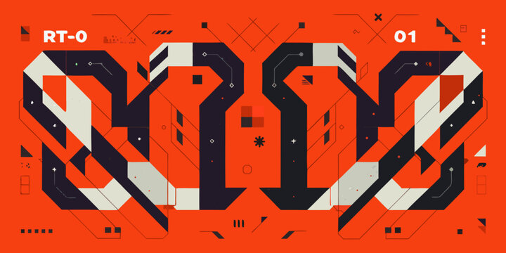 Geometric graphic design with bold typography on a bright orange background abstract arrangement art composition