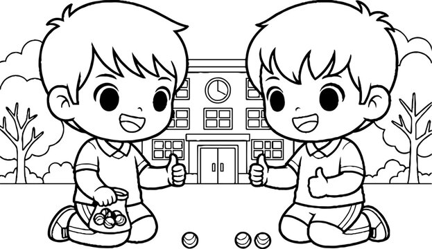 Two Happy Children Playing Marbles Outside School Building.
