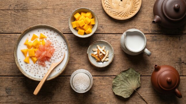 Mango pomelo sago traditional Hong Kong dessert top view food photography on wooden background