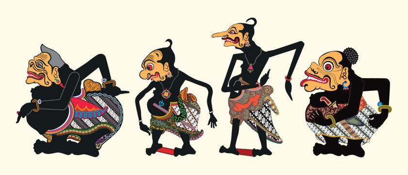 Punakawan Wayang Kulit Indonesian Shadow Puppet Art Form, Semar, Gareng, Petruk, Bagong, Illustration
