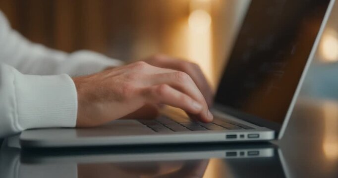 Male hands typing on laptop keyboard in cinematic slow motion within modern office space.
