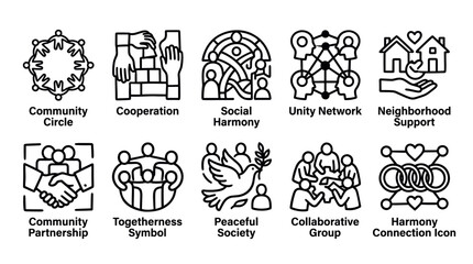 Obraz premium Community Cooperation and Social Harmony Outline Icon Vector Set
