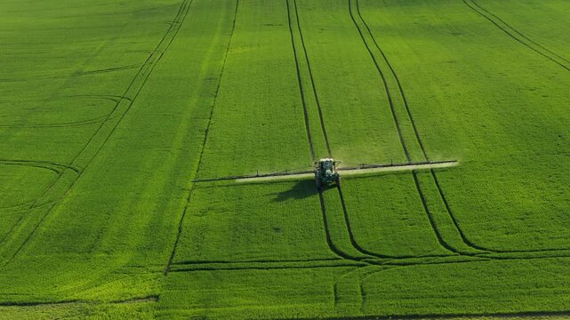 Aerial drone view of a crop sprayer tractor crossing a wide green grain field with parallel track marks and a brown plowed patch in the corner, Moravia, Czech Republic.