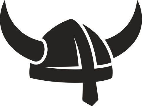 Minimalist black and white vector illustration of a classic Viking helmet with horns.