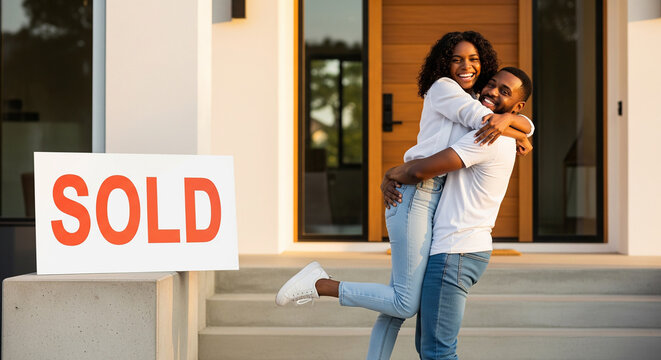 Joyful black couple celebrating in front of new house perfect for successful real estate property and home buying concepts