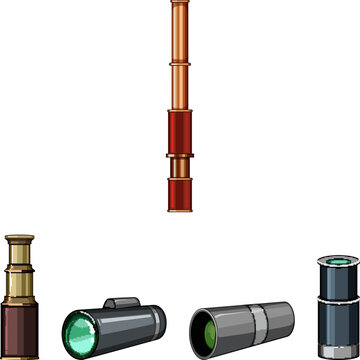 Collection of monoculars and spyglasses providing concepts of discovery, perspective, adventure, and search, useful for design elements or illustrations