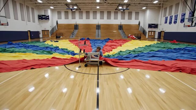Man uses an industrial sewing machine to stitch together a massive colorful play parachute fabric in the middle of a school gymnasium basketball court