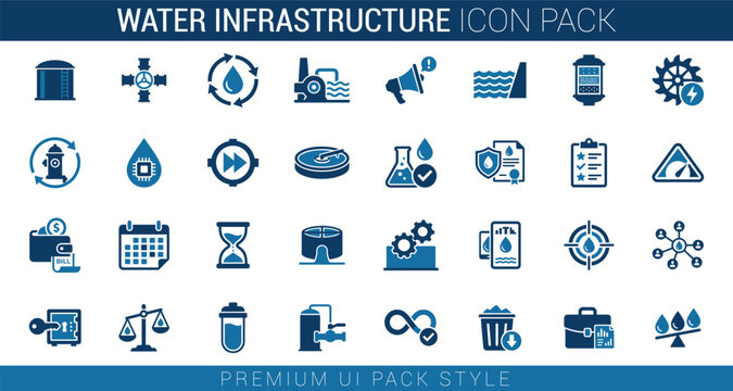 Water infrastructure icon pack showing water treatment processing utility management and supply systems for civil engineering.