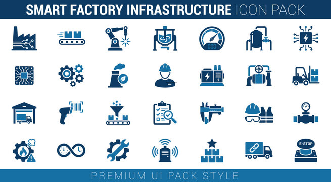 Smart factory infrastructure icon pack for automated industrial processes and modern manufacturing technology solutions set.