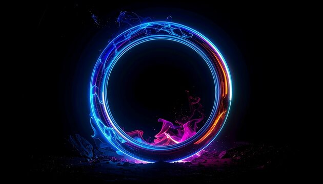 Glowing ring emitting colorful smoke and light against a black backdrop, resting on a textured surface