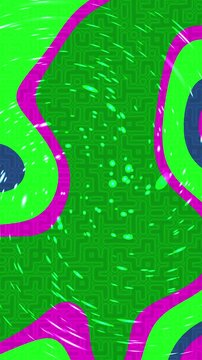 Abstract digital background with vibrant neon green and magenta organic shapes and maze patterns.