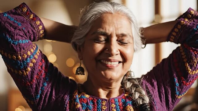 Smiling senior Indian woman with grey hair and long braid wearing traditional purple embroidered clothing and silver earrings while relaxing with hands behind her head in warm sunlight