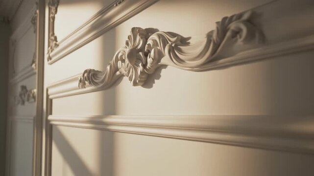 Detailed view of an elegant white interior wall featuring intricate classical architectural moldings, decorative boiserie panels, and ornate plaster carvings with soft warm side lighting.