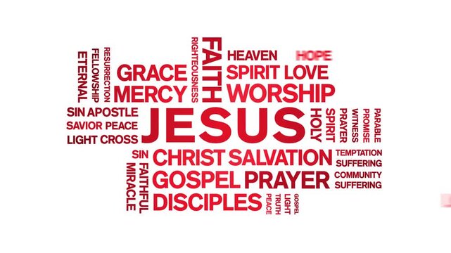 JESUS animated word cloud-text design animation tag kinetic typography seamless loop.