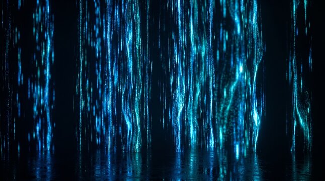 Abstract digital rain with vertical lines of bright cyan code data flowing down a textured dark background