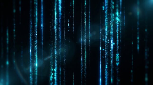 Abstract digital rain with vertical lines of blue neon code falling on a dark cyberspace background