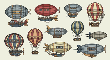 Steampunk Airships Collection: Vintage Hot Air Balloons and Zeppelins © gundul