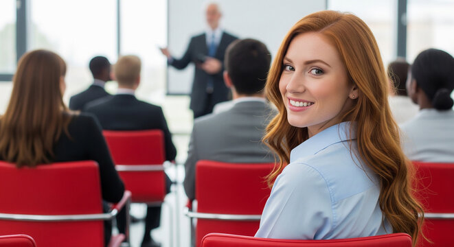 Beautiful businesswoman smiling in conference room perfect for professional corporate meeting and successful seminar plan