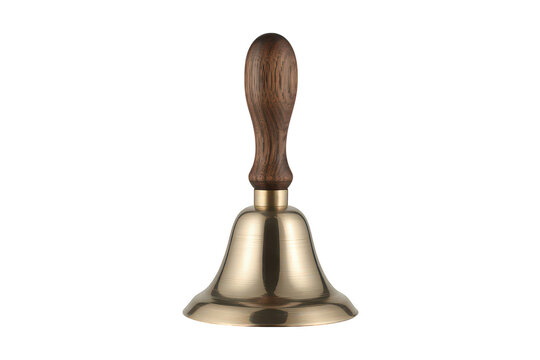 A classic hand bell with a polished brass metal dome and a carved wooden handle isolated on a black background, for service and signaling