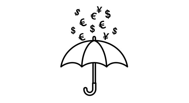 Umbrella protecting from falling currency symbols, financial protection concept