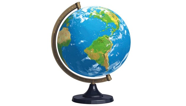 Globe depiction with blue oceans and green continents on a stand against a clean white background