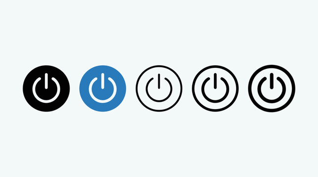 Horizontal row of stylized power icons, solid and outlined, representing universal technology states with bold shapes, minimal design, and interface clarity.