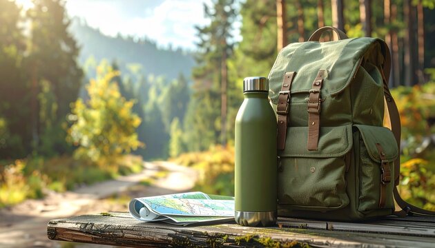 Sustainable outdoor hiking adventure background with canvas backpack and green forest path
