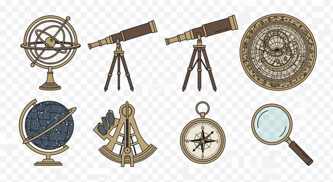 Vintage Astronomy and Navigation Tools - Telescope, Globe, Compass, Astrolabe
