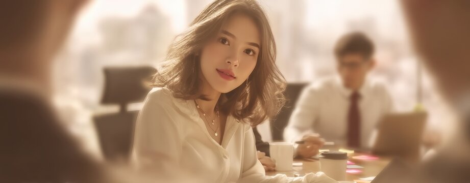 Businesswoman in a modern office engaged in a conversation with colleagues around a conference table Modern China Business a sustainable china business model