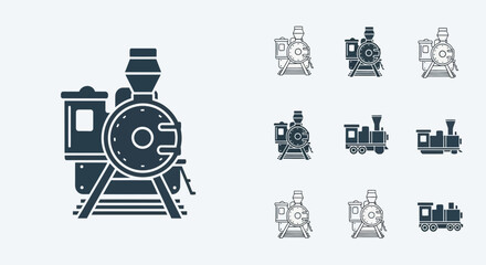 Vintage Steam Train Icons Collection, Silhouette and Outline Styles © gundul