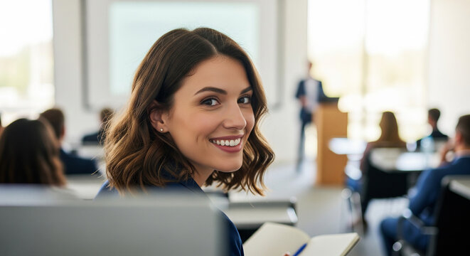 Beautiful female professional smiling in seminar room perfect for corporate event presentation and business conference plan
